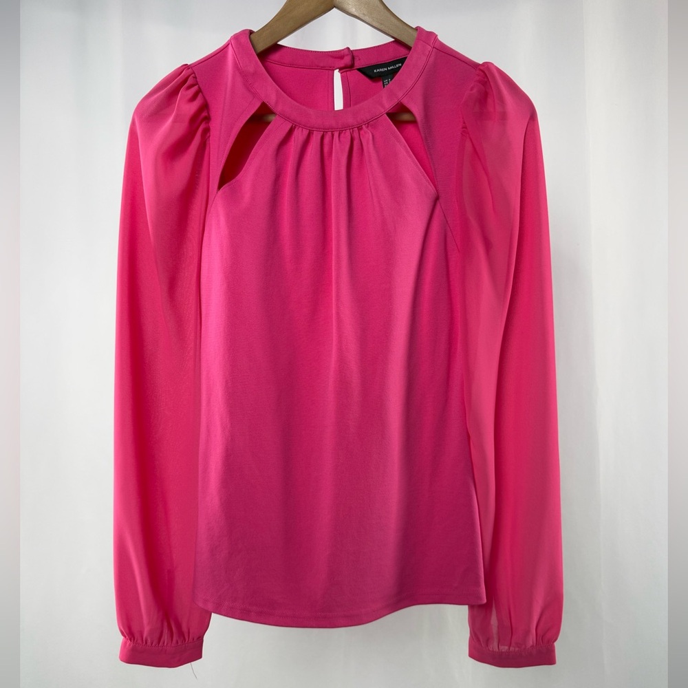 Karen Millen Sheer Sleeve Cut Out Blouse in Bright Pink Size 2